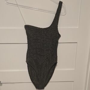 Good American Sparkling Black Gold One-Shoulder Bodysuit Swimsuit
